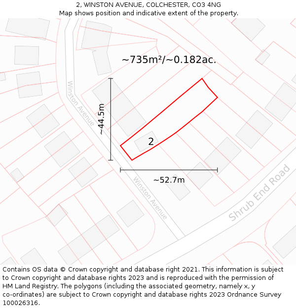 2, WINSTON AVENUE, COLCHESTER, CO3 4NG: Plot and title map