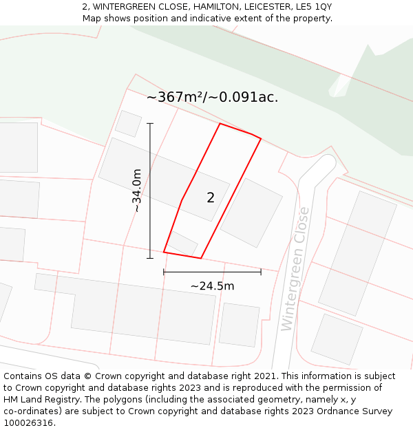 2, WINTERGREEN CLOSE, HAMILTON, LEICESTER, LE5 1QY: Plot and title map