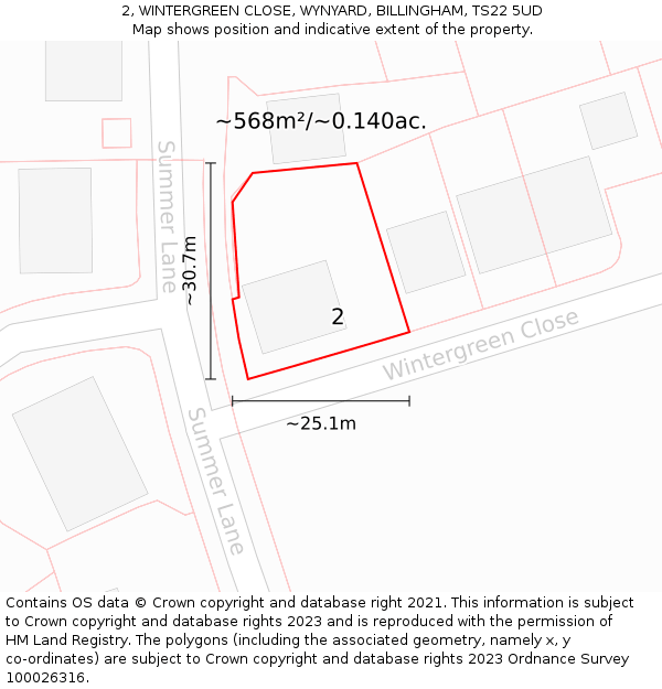 2, WINTERGREEN CLOSE, WYNYARD, BILLINGHAM, TS22 5UD: Plot and title map
