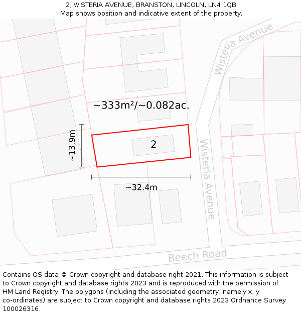 2, WISTERIA AVENUE, BRANSTON, LINCOLN, LN4 1QB: Plot and title map