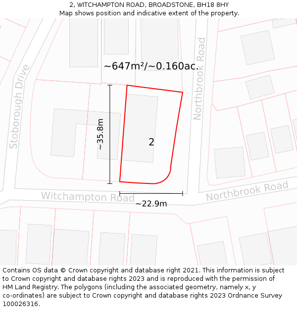 2, WITCHAMPTON ROAD, BROADSTONE, BH18 8HY: Plot and title map