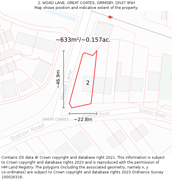 2, WOAD LANE, GREAT COATES, GRIMSBY, DN37 9NH: Plot and title map