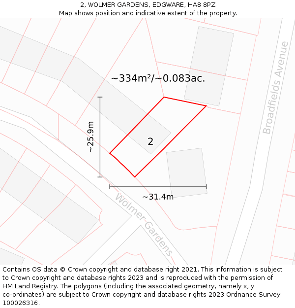 2, WOLMER GARDENS, EDGWARE, HA8 8PZ: Plot and title map