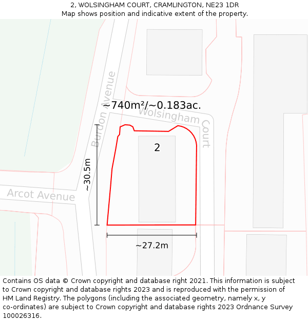 2, WOLSINGHAM COURT, CRAMLINGTON, NE23 1DR: Plot and title map