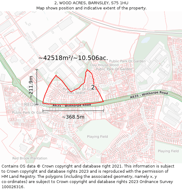 2, WOOD ACRES, BARNSLEY, S75 1HU: Plot and title map