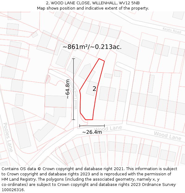 2, WOOD LANE CLOSE, WILLENHALL, WV12 5NB: Plot and title map