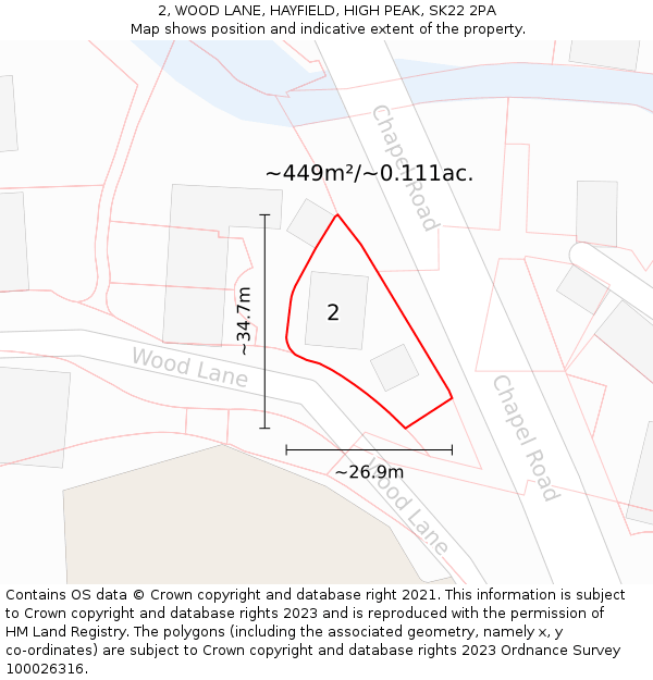 2, WOOD LANE, HAYFIELD, HIGH PEAK, SK22 2PA: Plot and title map