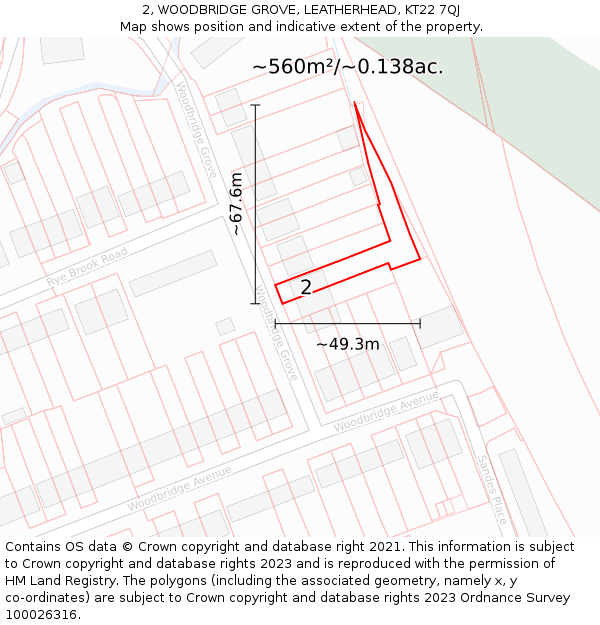 2, WOODBRIDGE GROVE, LEATHERHEAD, KT22 7QJ: Plot and title map