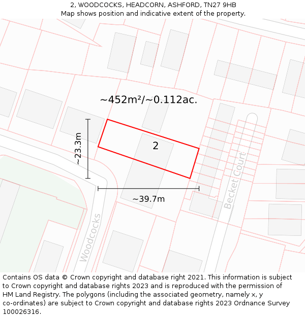 2, WOODCOCKS, HEADCORN, ASHFORD, TN27 9HB: Plot and title map