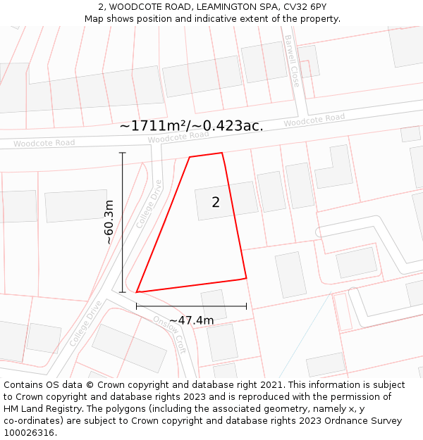 2, WOODCOTE ROAD, LEAMINGTON SPA, CV32 6PY: Plot and title map