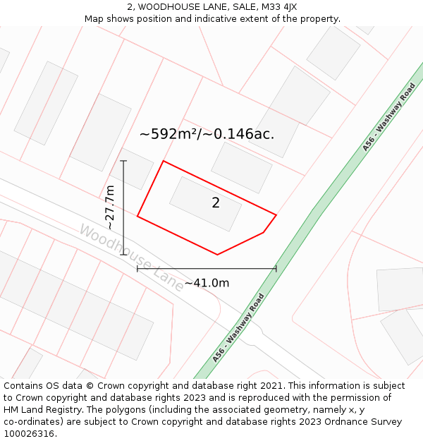 2, WOODHOUSE LANE, SALE, M33 4JX: Plot and title map