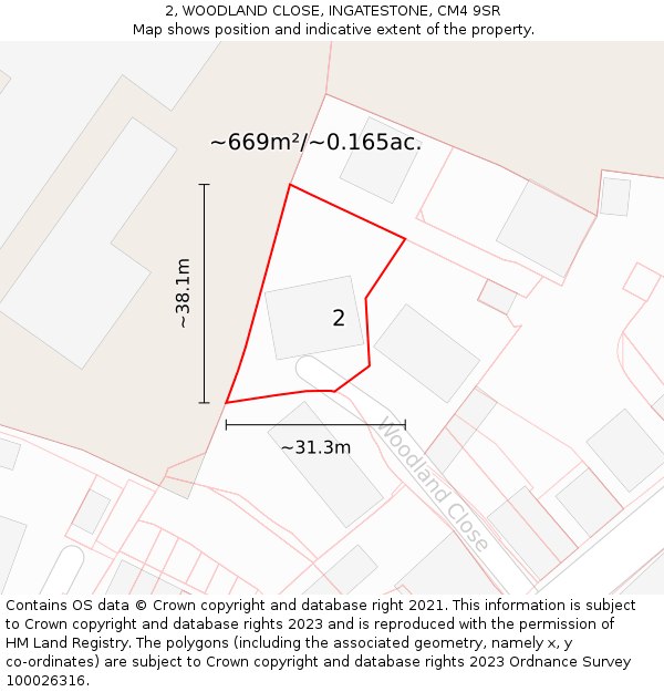 2, WOODLAND CLOSE, INGATESTONE, CM4 9SR: Plot and title map