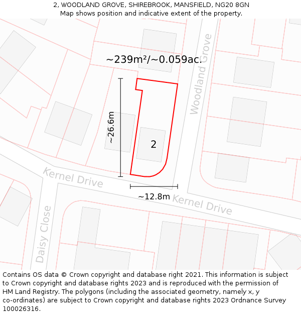 2, WOODLAND GROVE, SHIREBROOK, MANSFIELD, NG20 8GN: Plot and title map