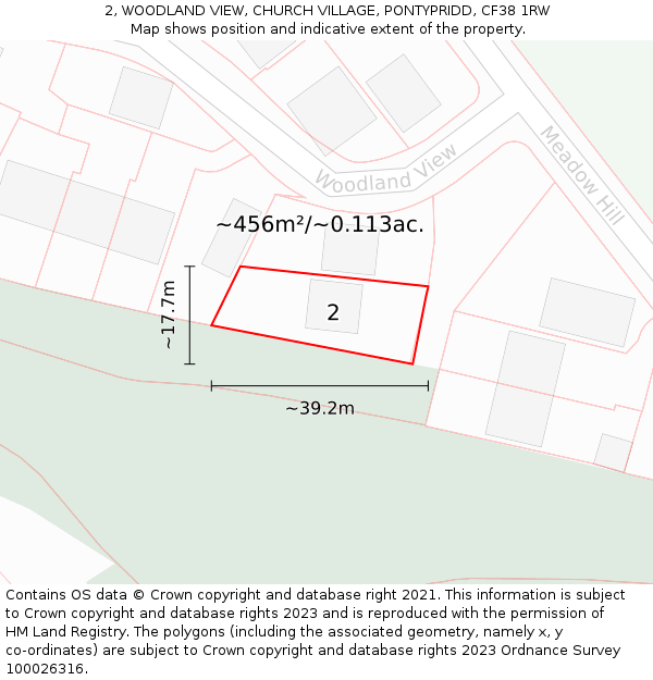 2, WOODLAND VIEW, CHURCH VILLAGE, PONTYPRIDD, CF38 1RW: Plot and title map
