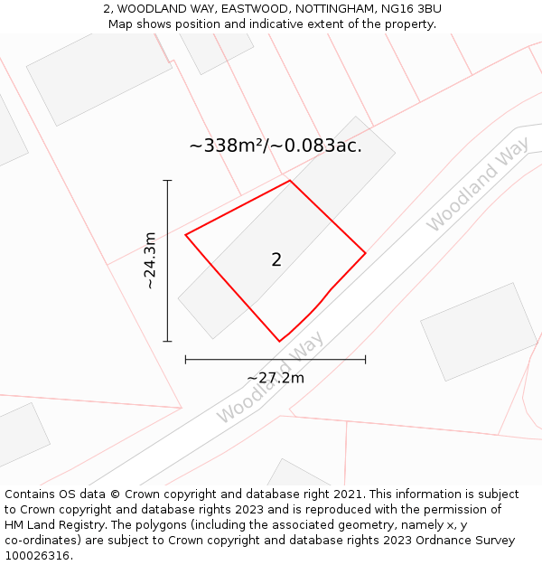 2, WOODLAND WAY, EASTWOOD, NOTTINGHAM, NG16 3BU: Plot and title map