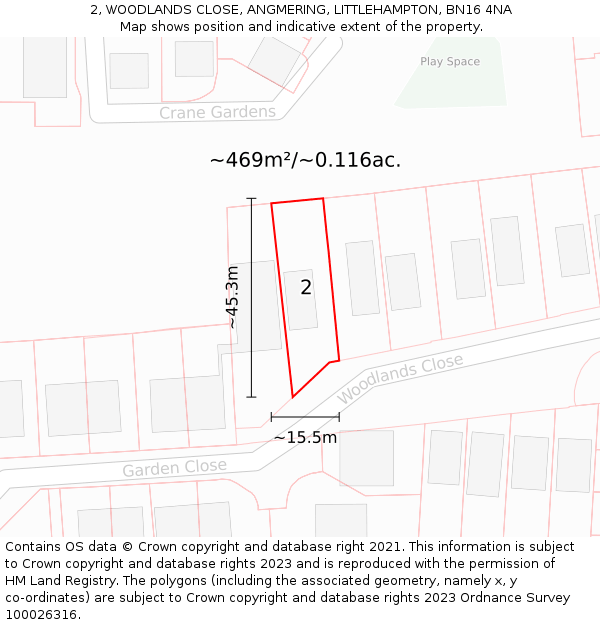 2, WOODLANDS CLOSE, ANGMERING, LITTLEHAMPTON, BN16 4NA: Plot and title map