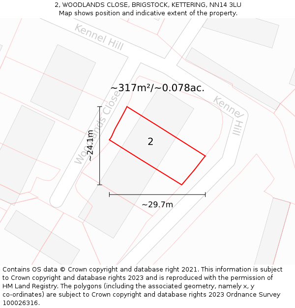 2, WOODLANDS CLOSE, BRIGSTOCK, KETTERING, NN14 3LU: Plot and title map