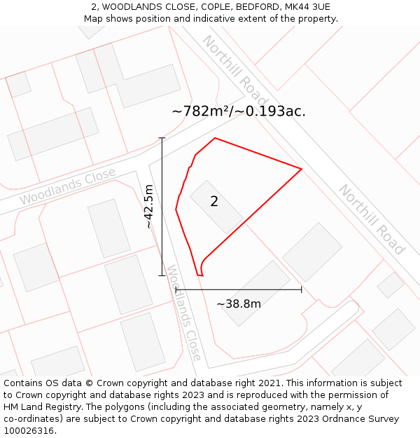 2, WOODLANDS CLOSE, COPLE, BEDFORD, MK44 3UE: Plot and title map