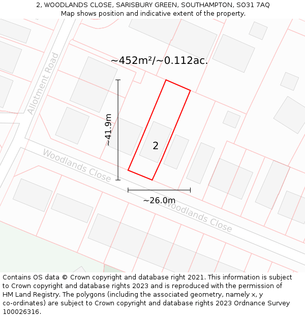 2, WOODLANDS CLOSE, SARISBURY GREEN, SOUTHAMPTON, SO31 7AQ: Plot and title map
