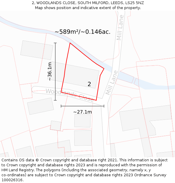 2, WOODLANDS CLOSE, SOUTH MILFORD, LEEDS, LS25 5NZ: Plot and title map