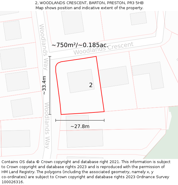 2, WOODLANDS CRESCENT, BARTON, PRESTON, PR3 5HB: Plot and title map