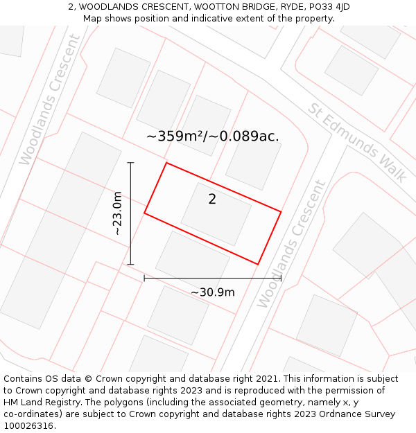 2, WOODLANDS CRESCENT, WOOTTON BRIDGE, RYDE, PO33 4JD: Plot and title map