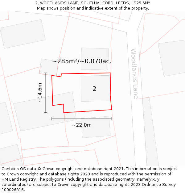 2, WOODLANDS LANE, SOUTH MILFORD, LEEDS, LS25 5NY: Plot and title map