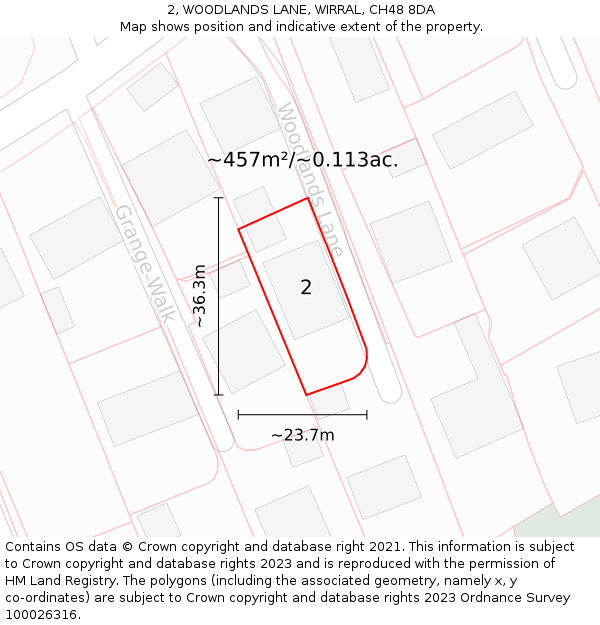 2, WOODLANDS LANE, WIRRAL, CH48 8DA: Plot and title map