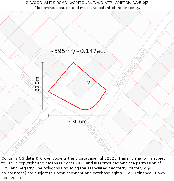 2, WOODLANDS ROAD, WOMBOURNE, WOLVERHAMPTON, WV5 0JZ: Plot and title map