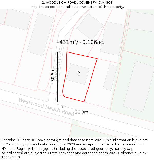 2, WOODLEIGH ROAD, COVENTRY, CV4 8GT: Plot and title map