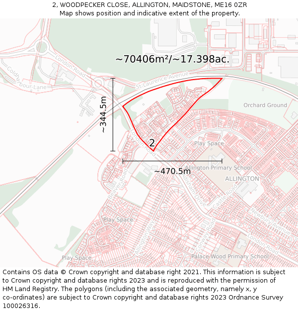 2, WOODPECKER CLOSE, ALLINGTON, MAIDSTONE, ME16 0ZR: Plot and title map