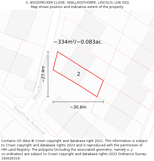 2, WOODPECKER CLOSE, SKELLINGTHORPE, LINCOLN, LN6 5SQ: Plot and title map