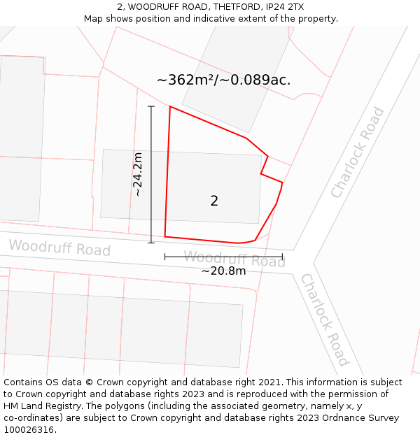 2, WOODRUFF ROAD, THETFORD, IP24 2TX: Plot and title map