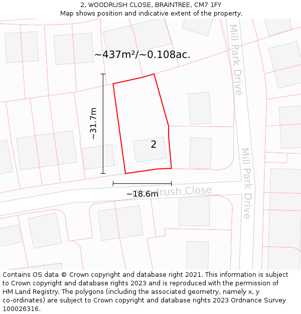 2, WOODRUSH CLOSE, BRAINTREE, CM7 1FY: Plot and title map