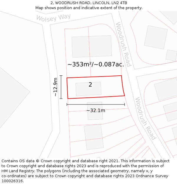 2, WOODRUSH ROAD, LINCOLN, LN2 4TB: Plot and title map
