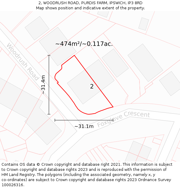 2, WOODRUSH ROAD, PURDIS FARM, IPSWICH, IP3 8RD: Plot and title map