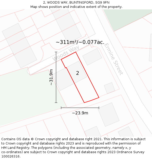 2, WOODS WAY, BUNTINGFORD, SG9 9FN: Plot and title map
