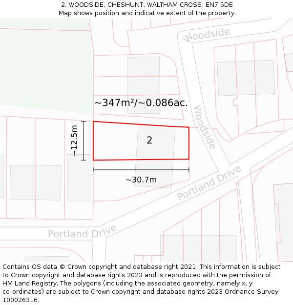 2, WOODSIDE, CHESHUNT, WALTHAM CROSS, EN7 5DE: Plot and title map