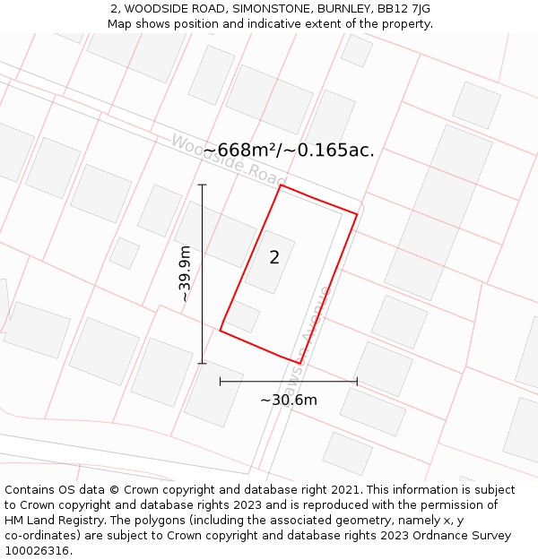 2, WOODSIDE ROAD, SIMONSTONE, BURNLEY, BB12 7JG: Plot and title map