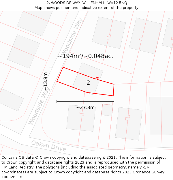 2, WOODSIDE WAY, WILLENHALL, WV12 5NQ: Plot and title map