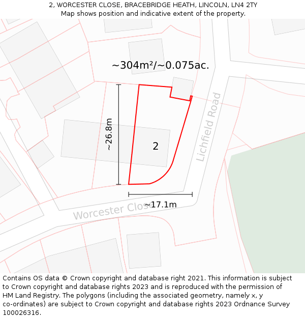 2, WORCESTER CLOSE, BRACEBRIDGE HEATH, LINCOLN, LN4 2TY: Plot and title map