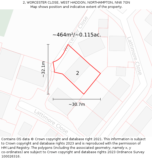 2, WORCESTER CLOSE, WEST HADDON, NORTHAMPTON, NN6 7GN: Plot and title map