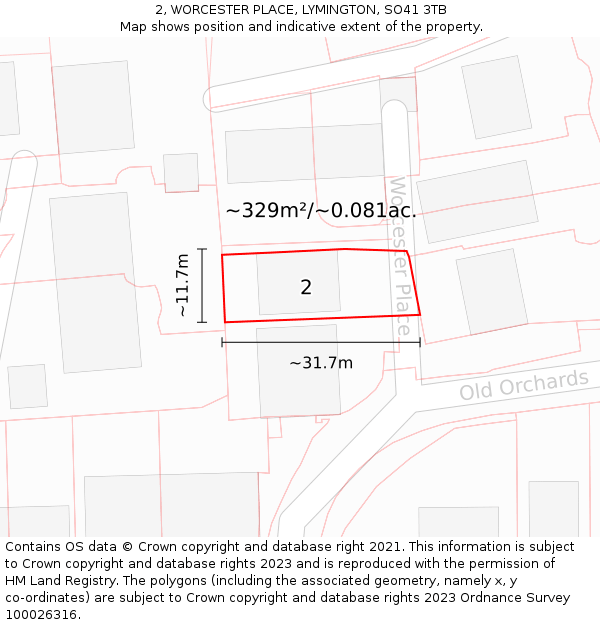 2, WORCESTER PLACE, LYMINGTON, SO41 3TB: Plot and title map
