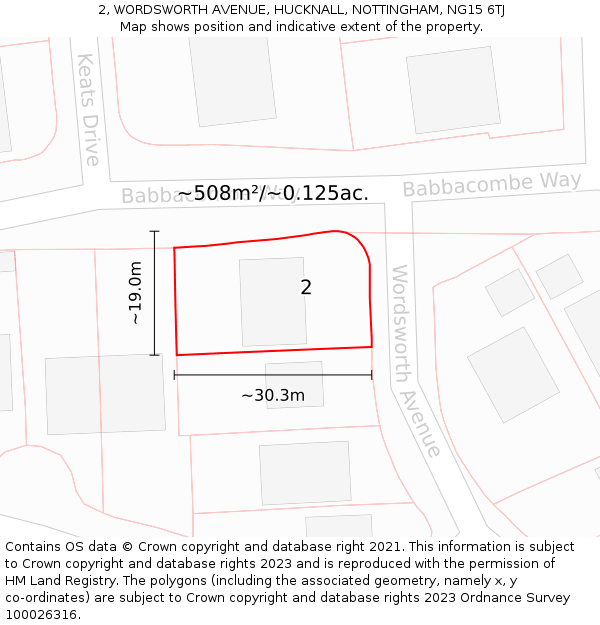 2, WORDSWORTH AVENUE, HUCKNALL, NOTTINGHAM, NG15 6TJ: Plot and title map