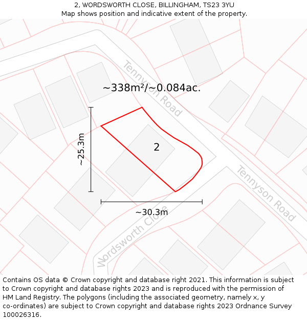 2, WORDSWORTH CLOSE, BILLINGHAM, TS23 3YU: Plot and title map