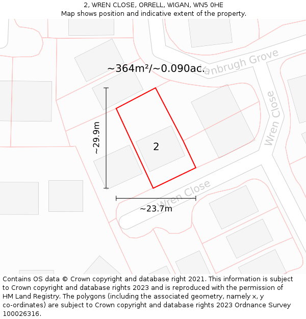 2, WREN CLOSE, ORRELL, WIGAN, WN5 0HE: Plot and title map