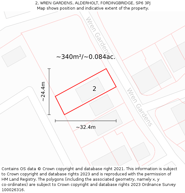 2, WREN GARDENS, ALDERHOLT, FORDINGBRIDGE, SP6 3PJ: Plot and title map