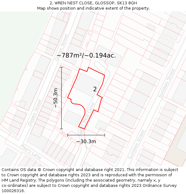 2, WREN NEST CLOSE, GLOSSOP, SK13 8GH: Plot and title map