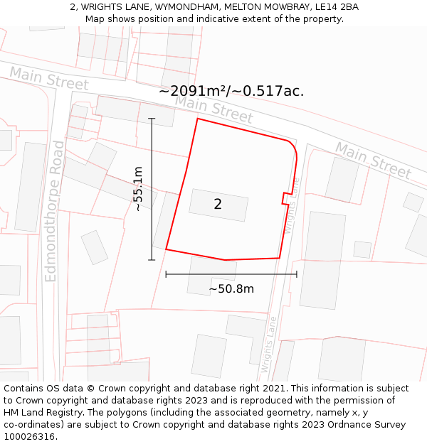 2, WRIGHTS LANE, WYMONDHAM, MELTON MOWBRAY, LE14 2BA: Plot and title map