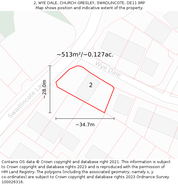 2, WYE DALE, CHURCH GRESLEY, SWADLINCOTE, DE11 9RP: Plot and title map